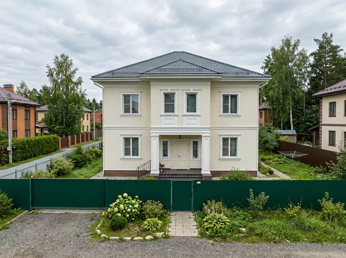 Каркасный дом в классическом стиле со светлой штукатуркой и белыми наличниками