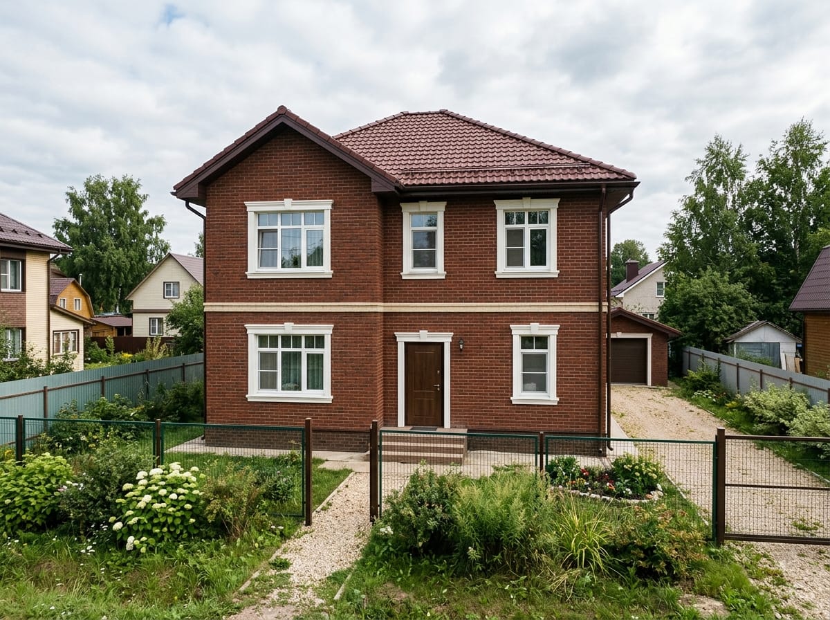 Двухэтажный дом из красно-коричневого кирпича со светлым швом, белыми обрамлениями окон и тёмно-красной черепицей