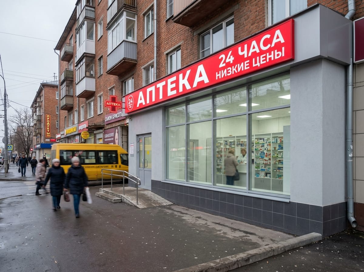 Ухоженный фасад магазина через несколько лет эксплуатации с чистой витриной и целым цоколем