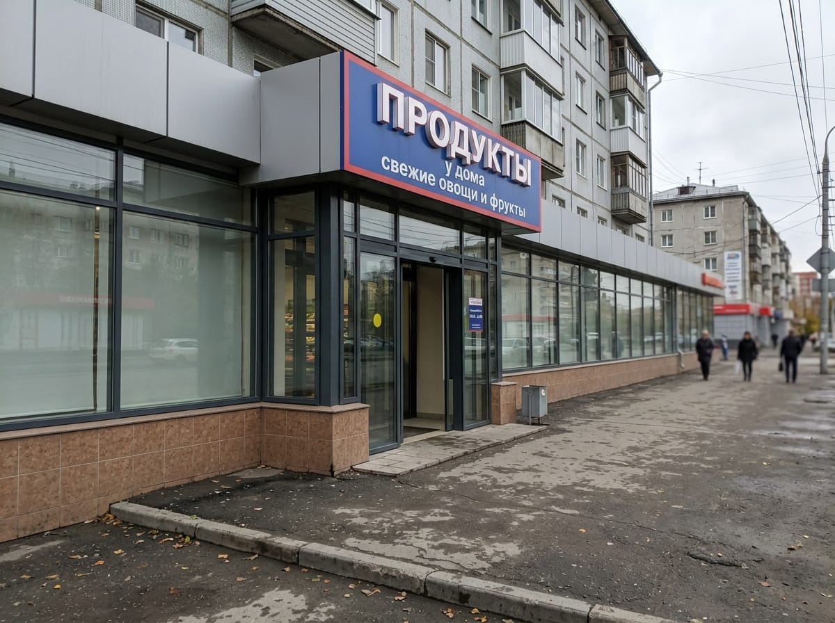 Продуктовый магазин на первом этаже жилого дома с ленточной витриной и глухим цоколем