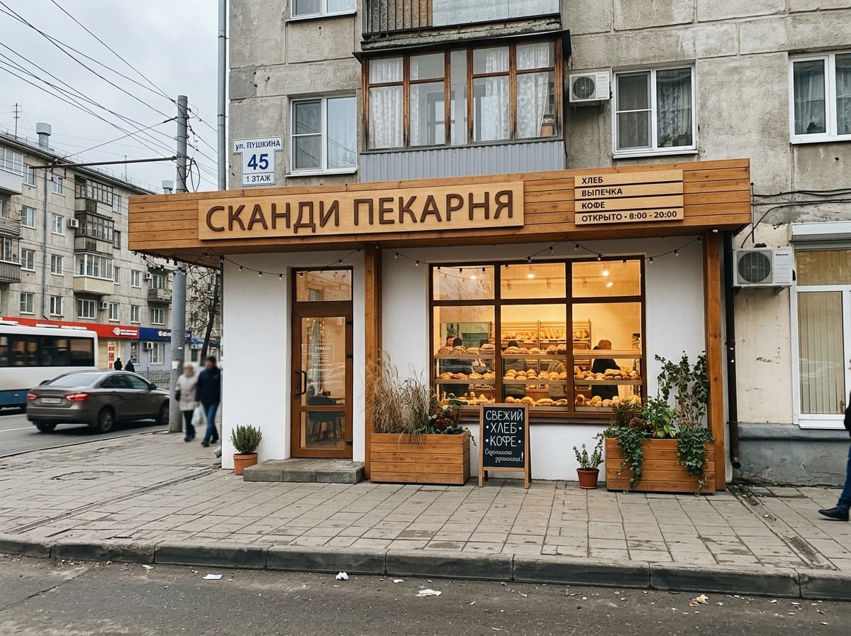 Фасад пекарни со светлой штукатуркой, деревянным козырьком и кашпо у входа