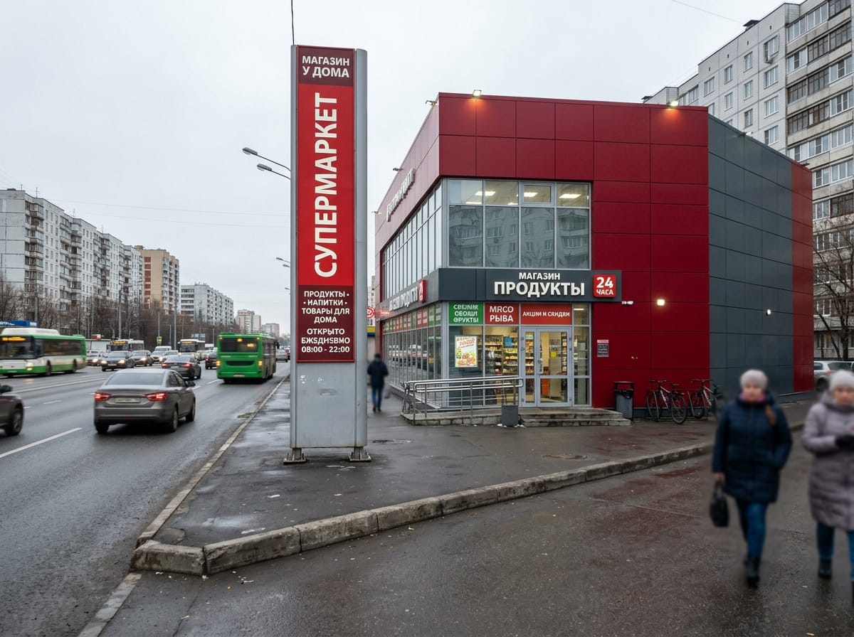 Отдельно стоящий магазин у дороги с крупным цветным фасадом и вывеской на пилоне