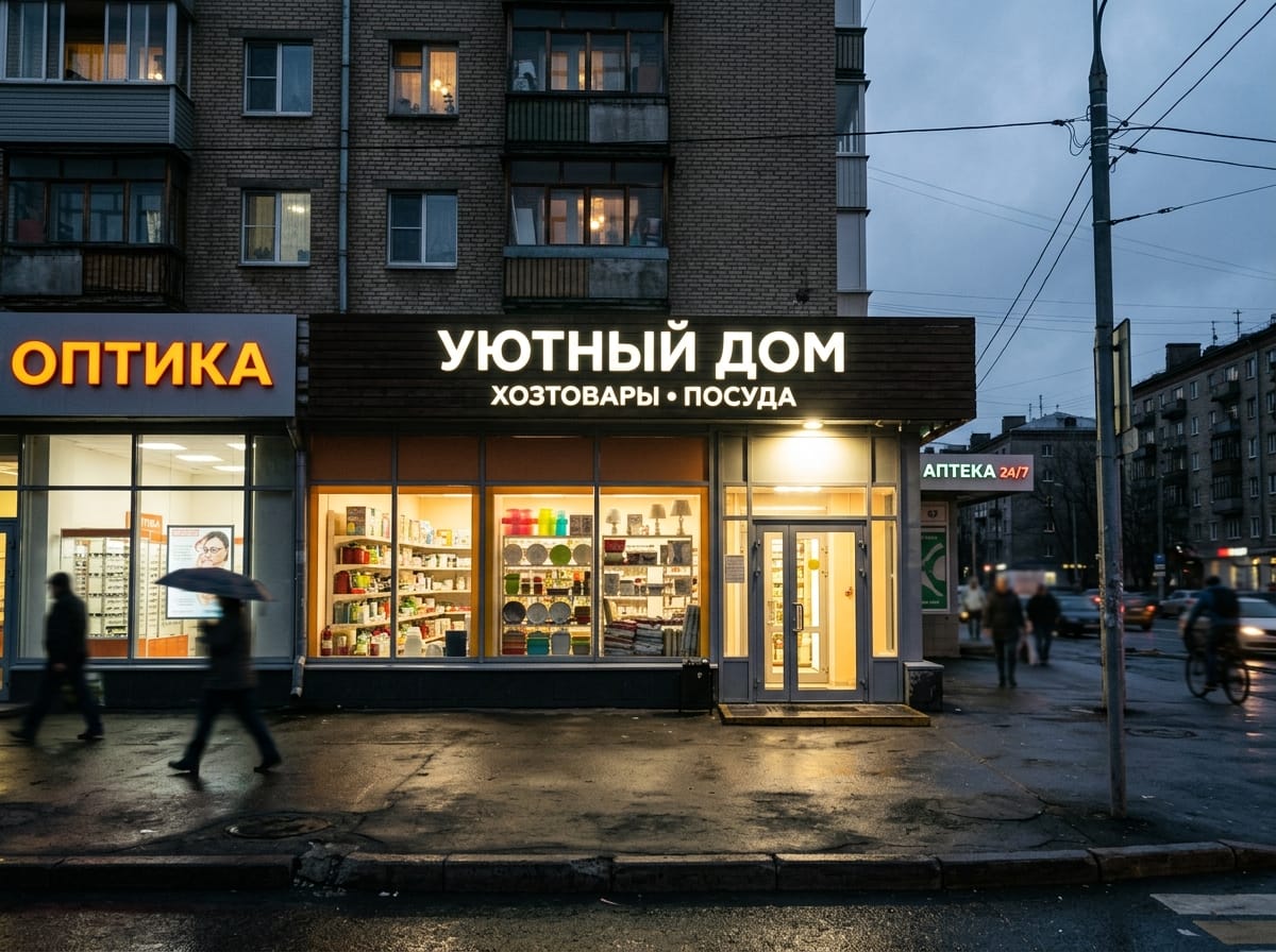Вечерний фасад магазина с подсвеченной витриной, контражуром вывески и освещённым входом