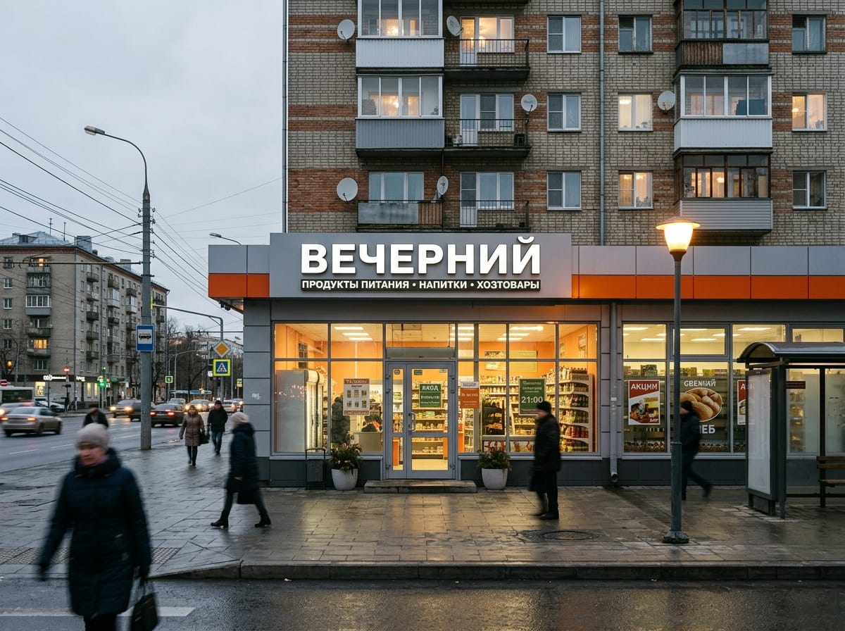 Фасад магазина вечером: подсвеченная витрина, контражур вывески и освещённая входная группа