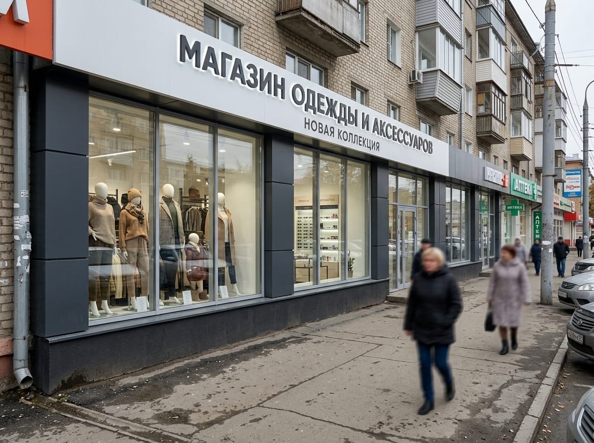 Фасад магазина одежды с панорамной витриной, белой глухой зоной и объёмными буквами вывески