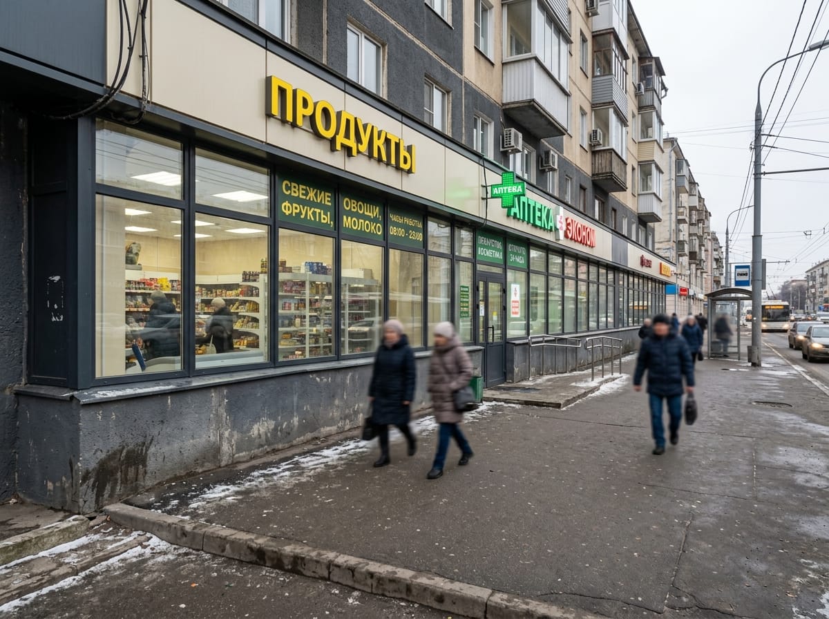 Магазин у дома с ленточной витриной, глухим цоколем и вывеской в межэтажном поясе