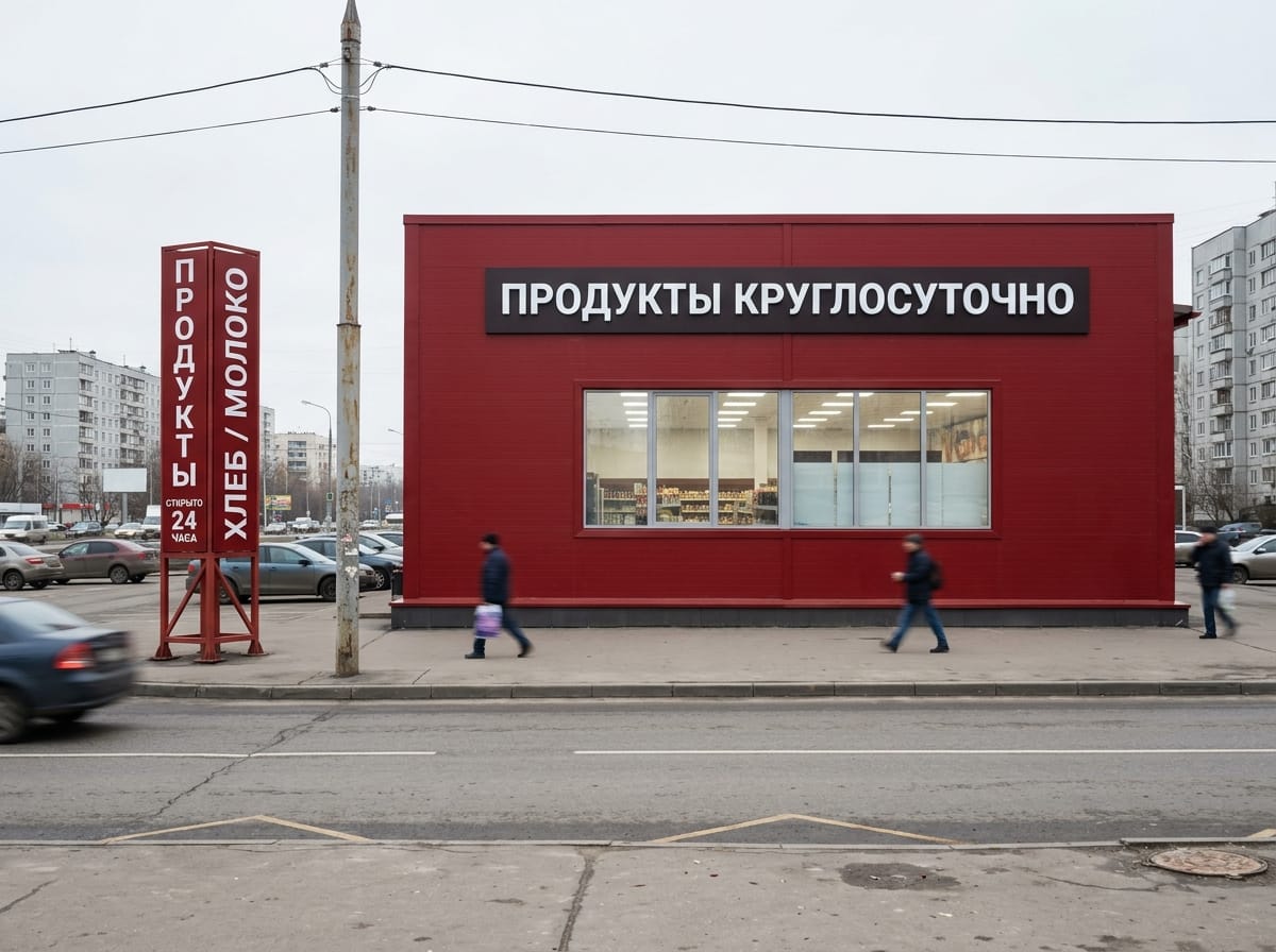 Отдельно стоящий магазин у дороги с крупными цветными плоскостями фасада и вывеской на пилоне