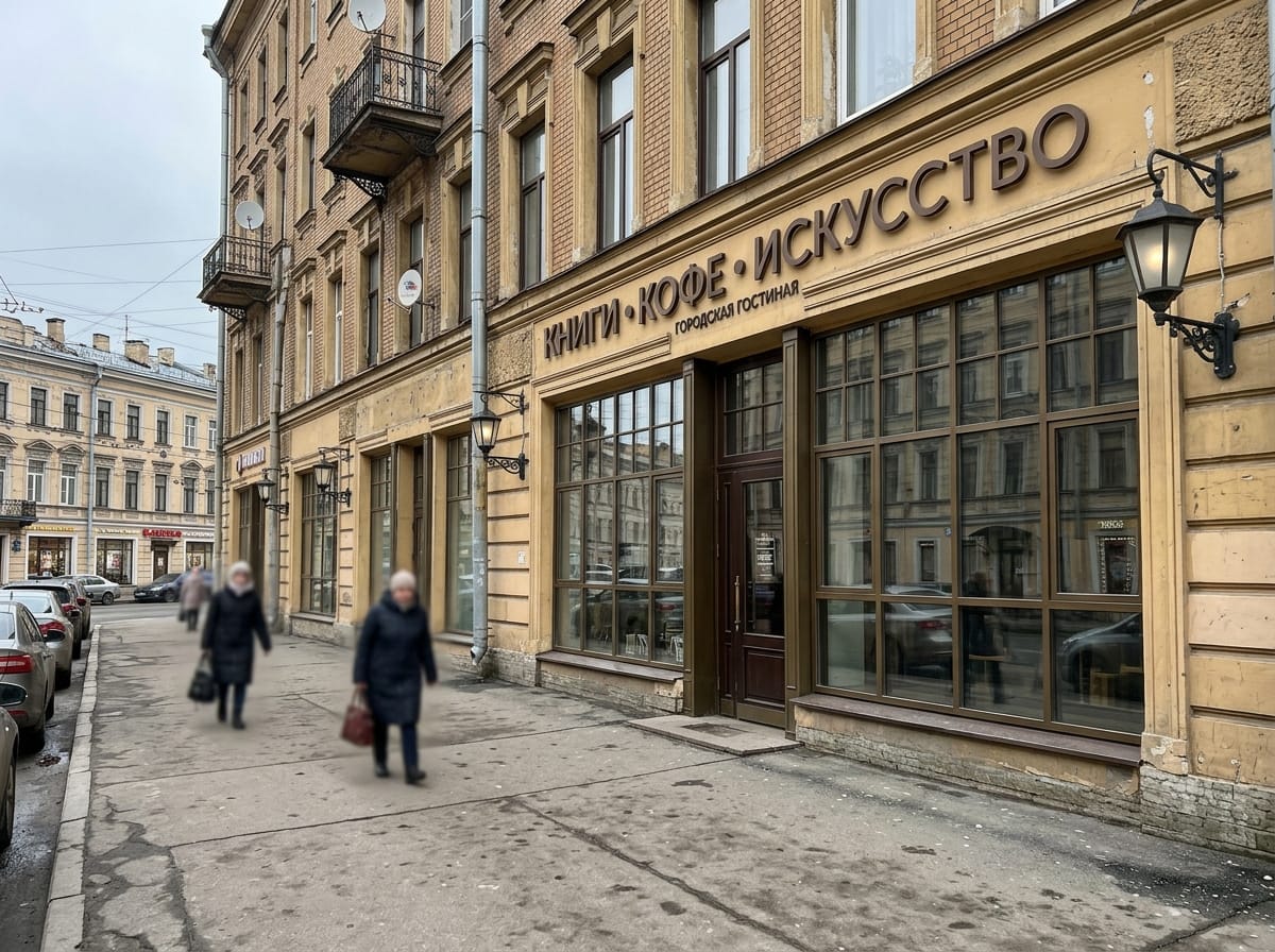 Магазин в историческом центре со штукатурным фасадом, арочными витринами и накладной вывеской