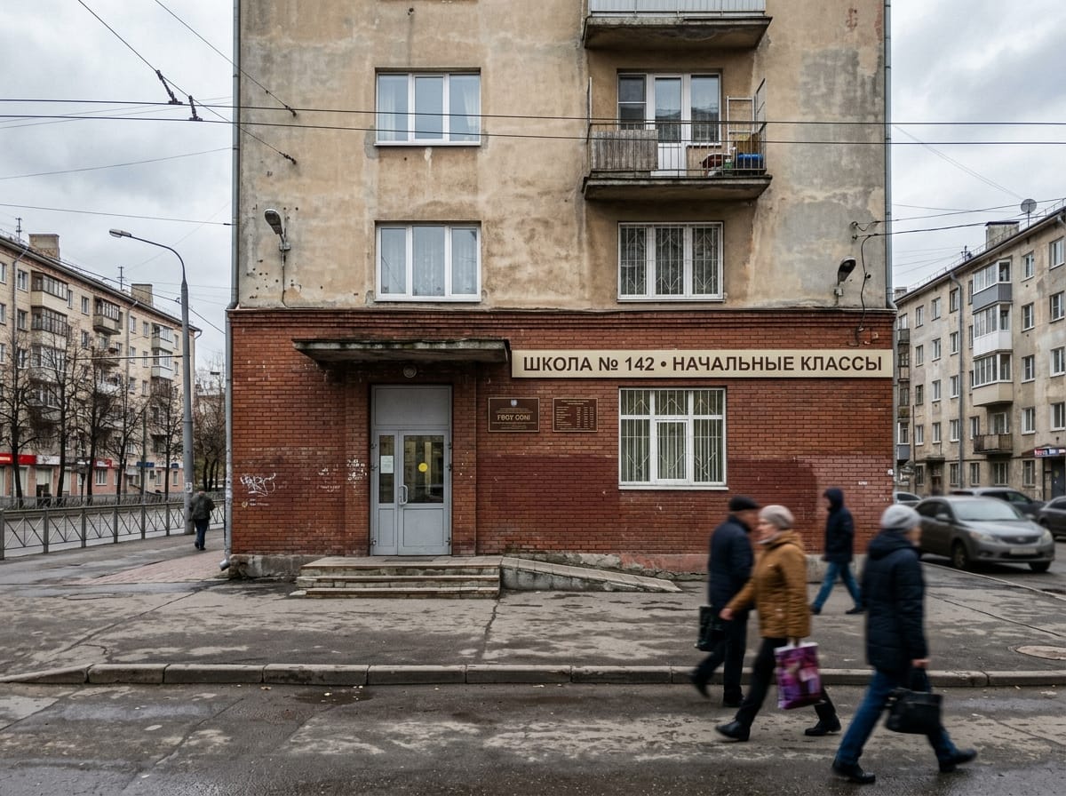Фасад школы с клинкерным первым этажом и оштукатуренными верхними этажами в хорошем состоянии после нескольких лет эксплуатации