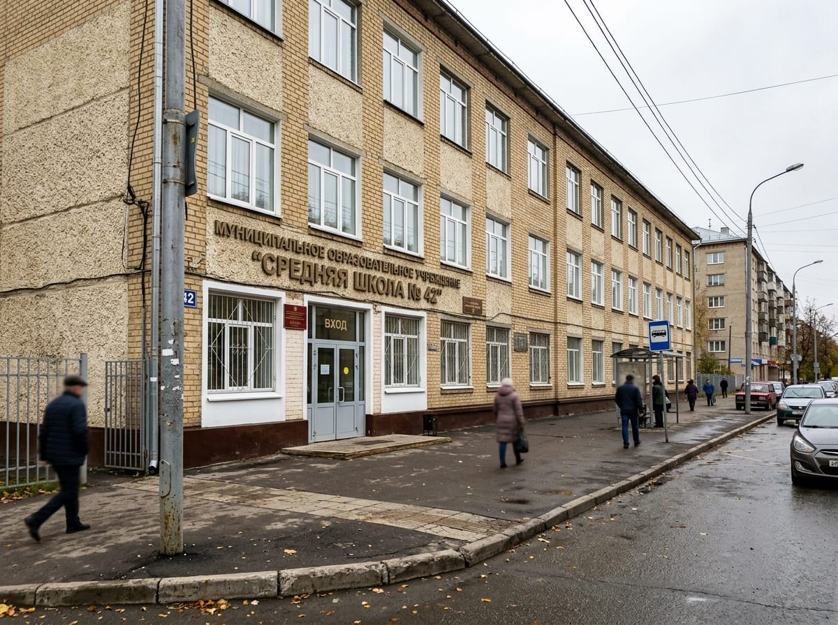 Кирпичная школа советской постройки после утепления и оштукатуривания в тёплый бежевый цвет