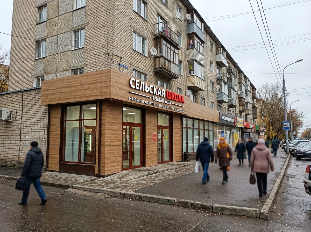 Двухэтажная сельская школа с бежевым фасадом и деревянной отделкой входной группы
