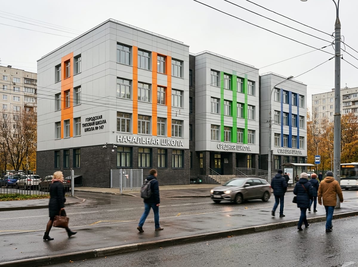 Типовая городская школа после реконструкции: серая база, тёмный цоколь, цветные акценты по блокам