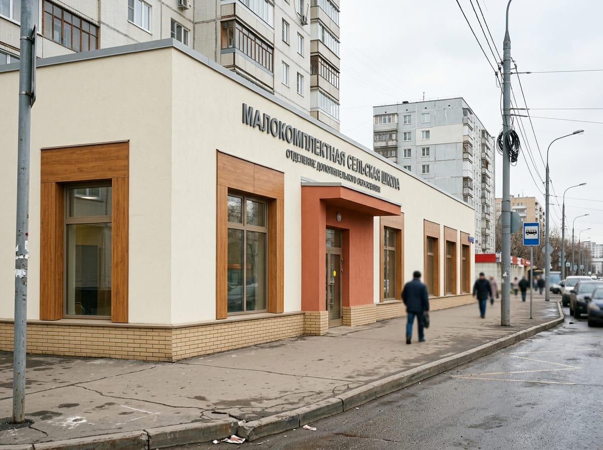 Сельская школа с бежевым оштукатуренным фасадом, клинкерным цоколем и деревянными акцентами у входа