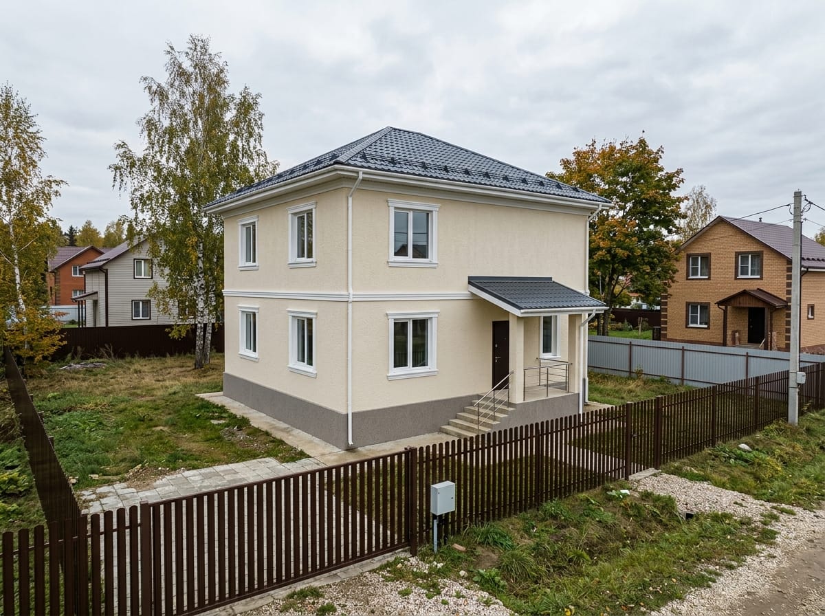 Классический оштукатуренный фасад цвета слоновой кости с белыми наличниками
