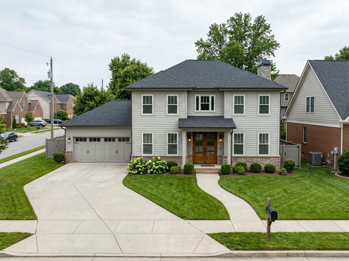 Pair of double front doors with a transom above on a wide symmetrical house