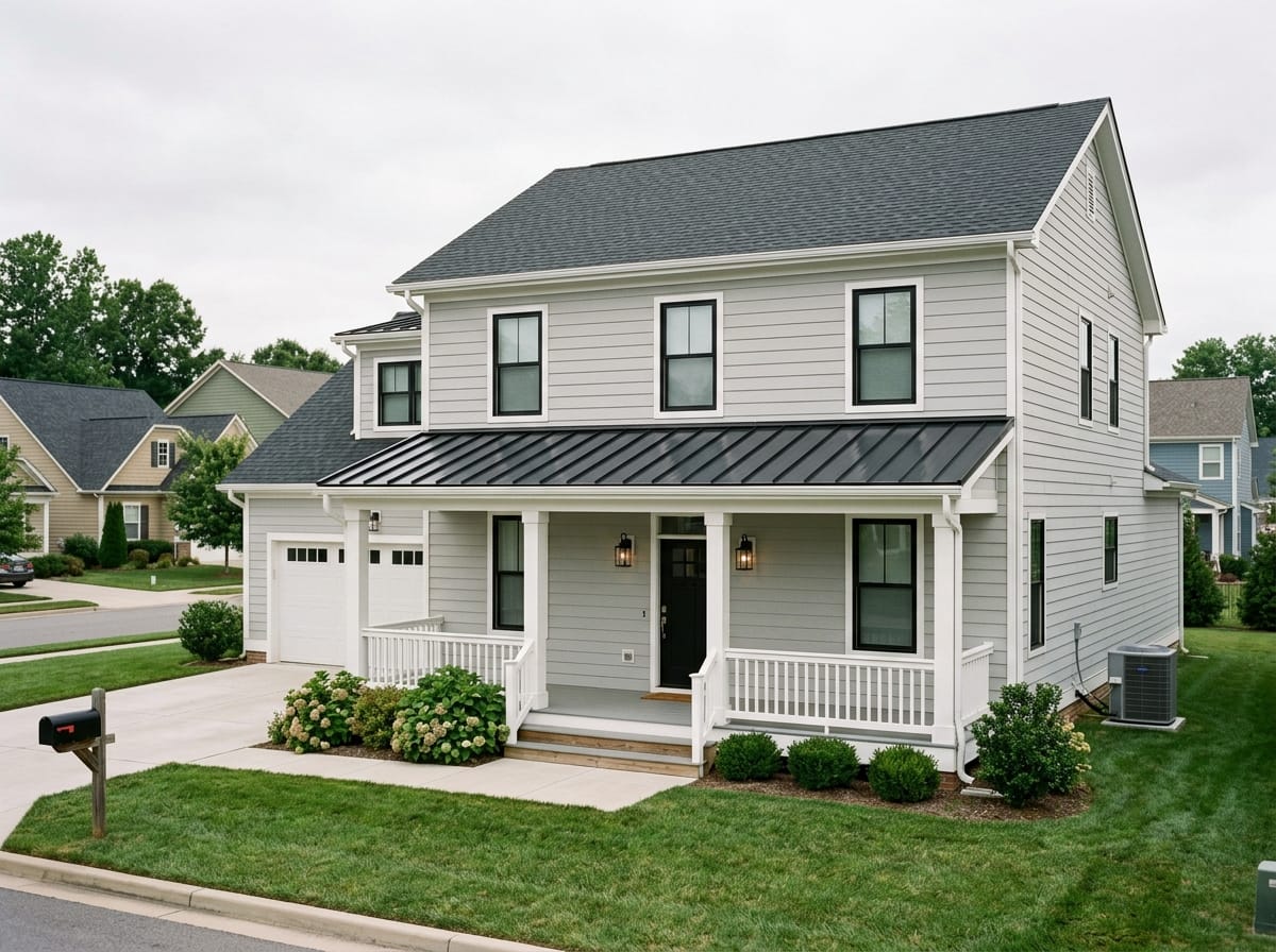 Modern farmhouse front porch with a metal shed roof and square white posts