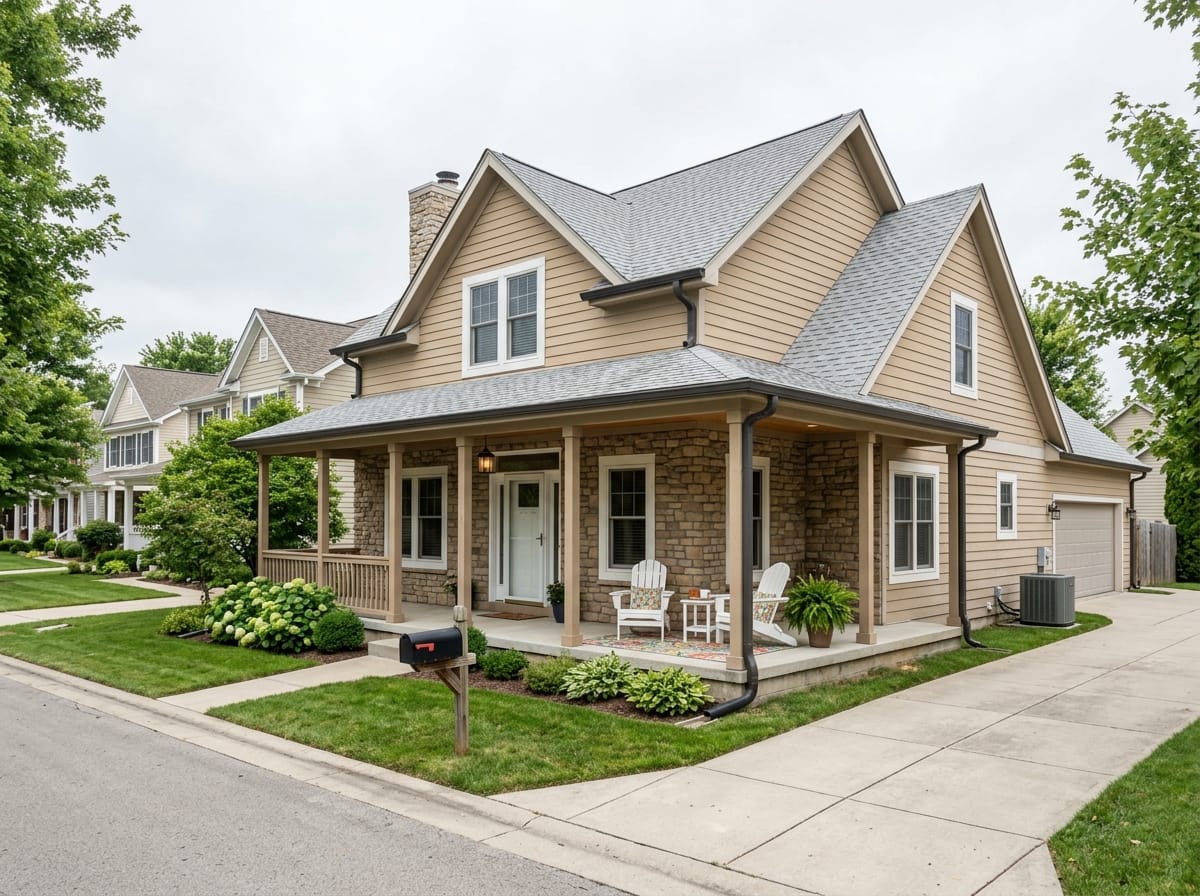Wraparound porch turning the corner of a two-story house with railings and posts