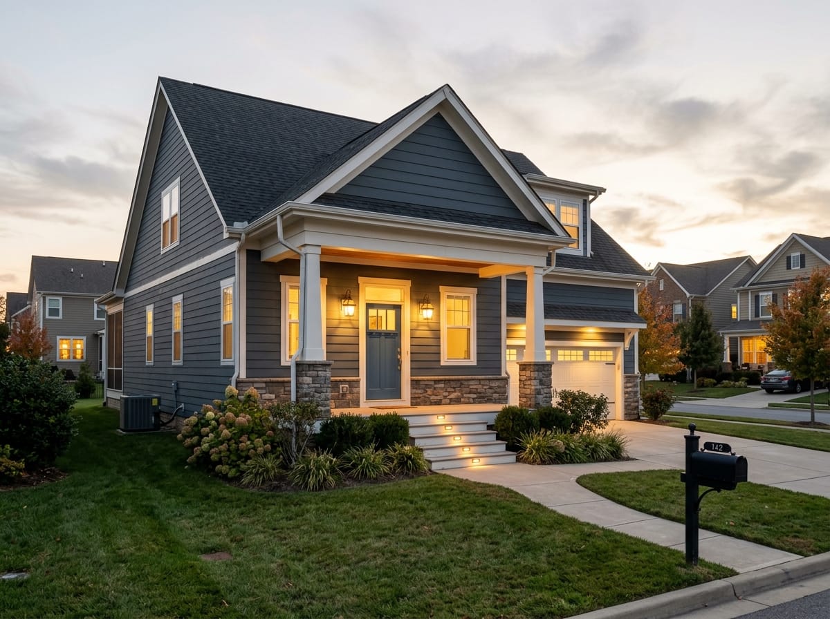 Front porch lit at dusk with sconces flanking the door and lit step nosings