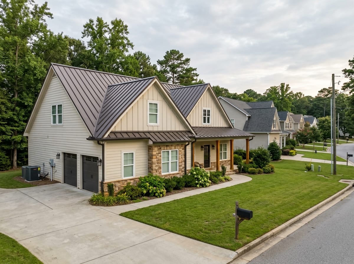House exterior with a dark bronze standing seam metal roof and pale siding