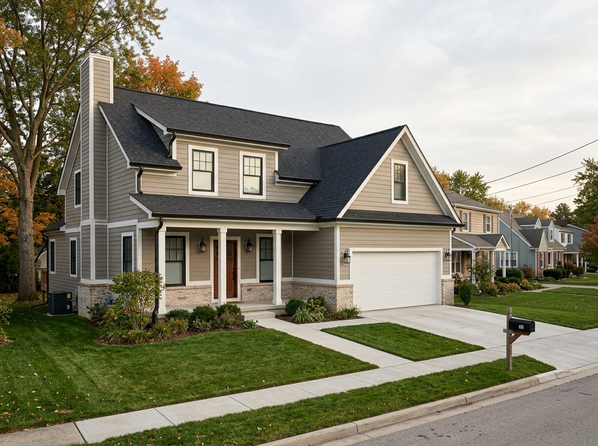 Two-story house exterior with a near-black roof, pale greige walls and white trim