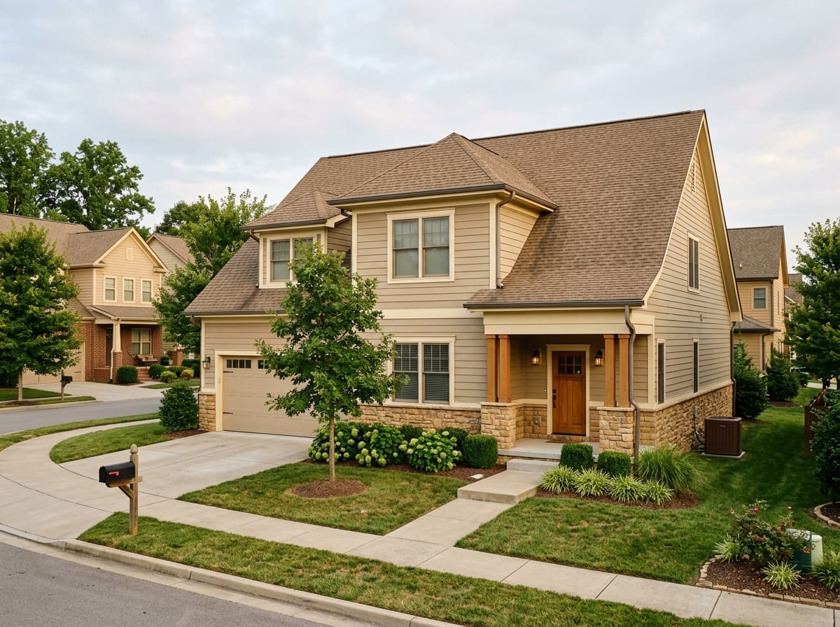 Cream colored house exterior with a brown roof, lighter trim and a stone base