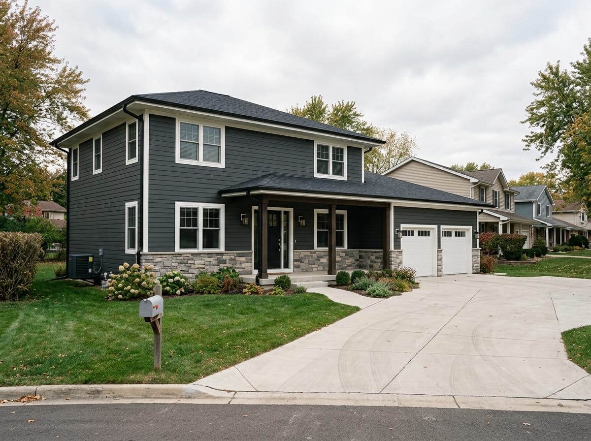 Dark charcoal house exterior under a near-black roof with white trim and a pale stone base