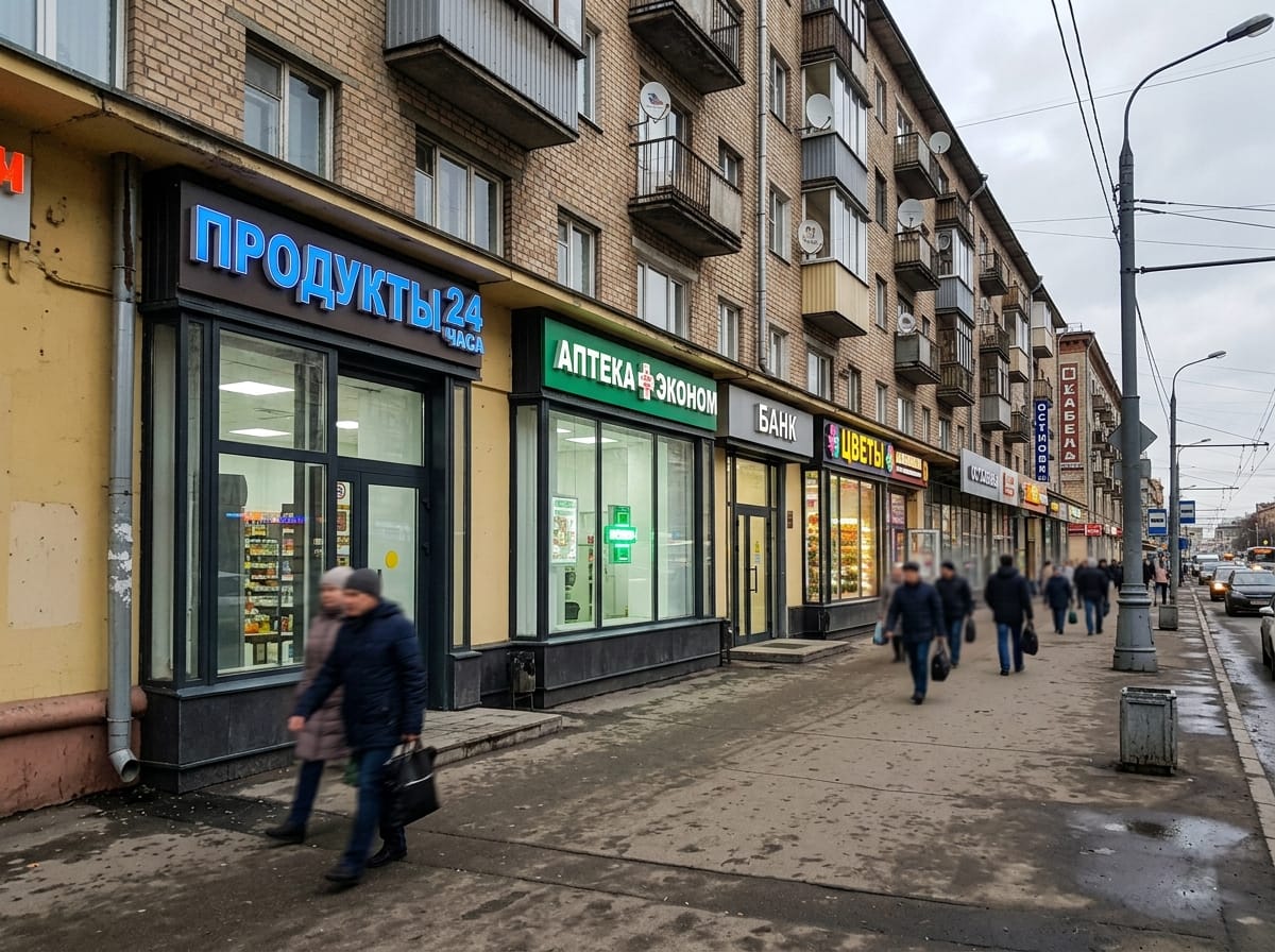 Ухоженный коммерческий фасад после нескольких лет эксплуатации с чистым цоколем и целой вывеской