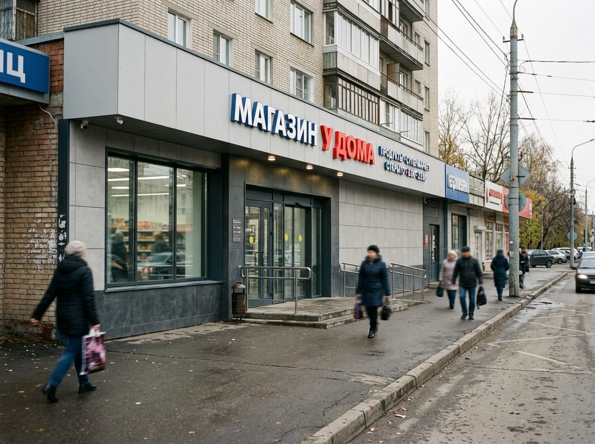 Отдельно стоящий магазин у дома с серым цоколем и светлыми панелями