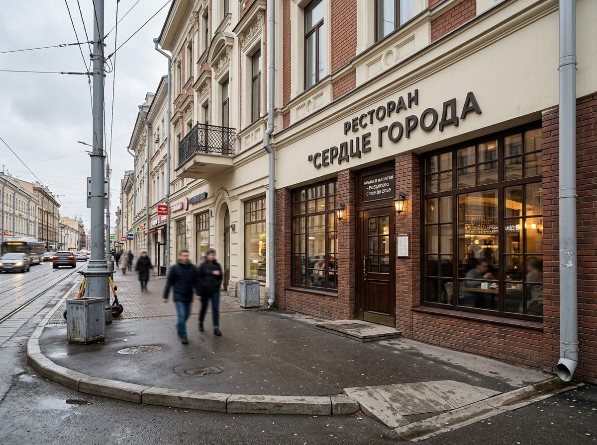 Ресторан в старом квартале с клинкерным фасадом и плоской вывеской