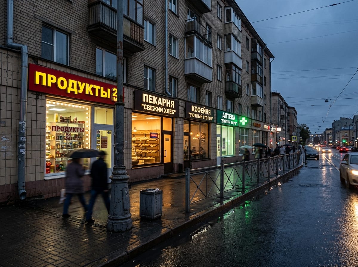 Фасад магазина вечером: подсвеченная вывеска, светящаяся витрина и освещённая входная группа