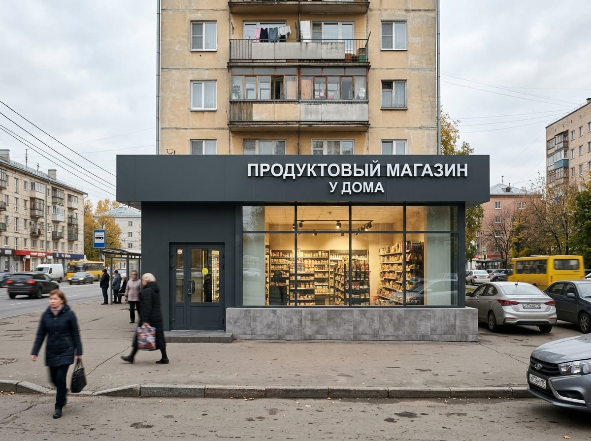 Фасад коммерческого помещения в антраците со светлой вывеской и керамогранитным цоколем