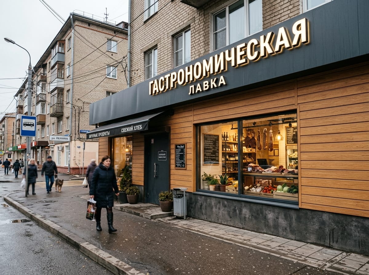 Фасад кафе с деревянной облицовкой, латунными деталями и панорамной витриной