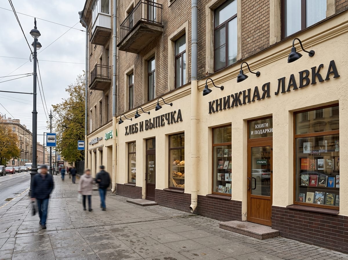 Фасад магазина в историческом центре с клинкерным цоколем и плоской накладной вывеской