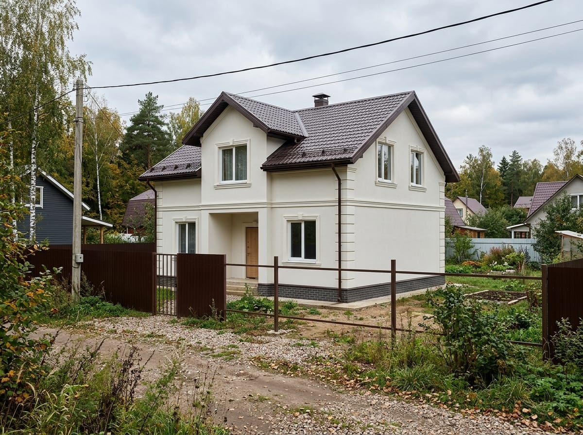Фасад цвета слоновой кости с белыми наличниками и тёмно-коричневой кровлей