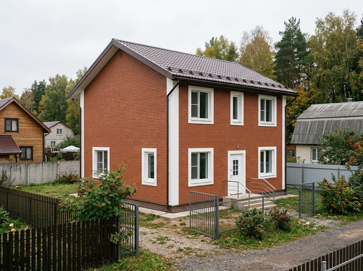 Фасад дома из красно-коричневой клинкерной плитки с белыми откосами