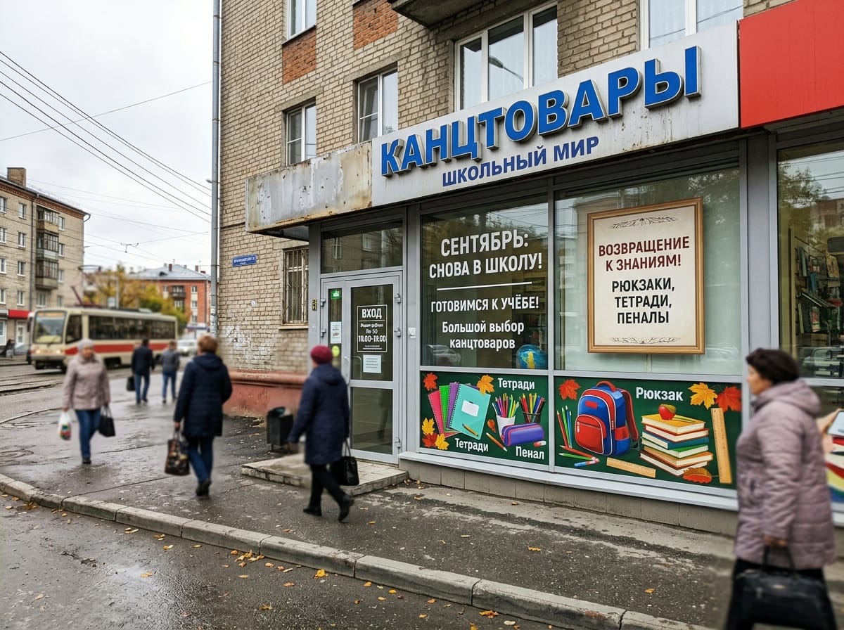 Осеннее оформление витрины магазина с печатью изнутри стекла и тематической выкладкой