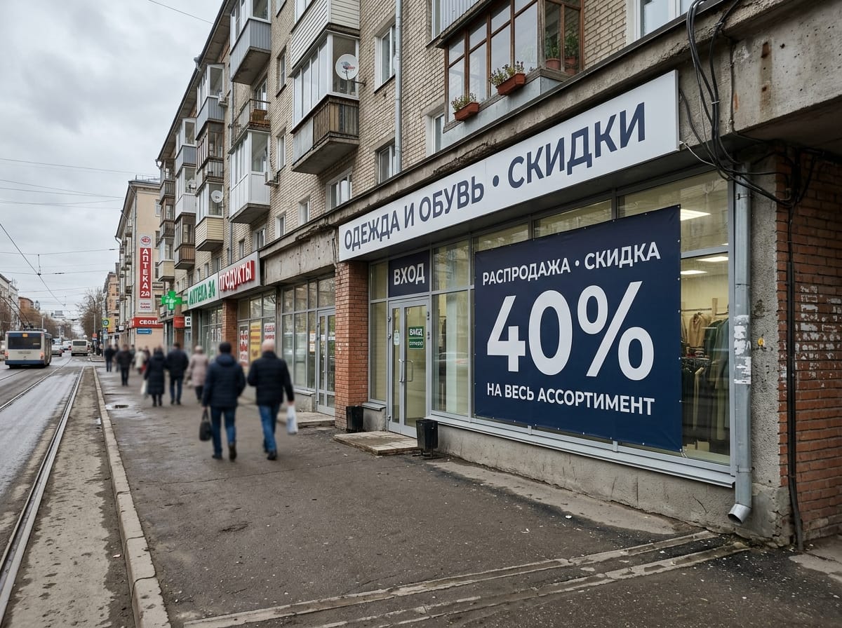 Витрина магазина в период распродажи с одним крупным акцентным постером