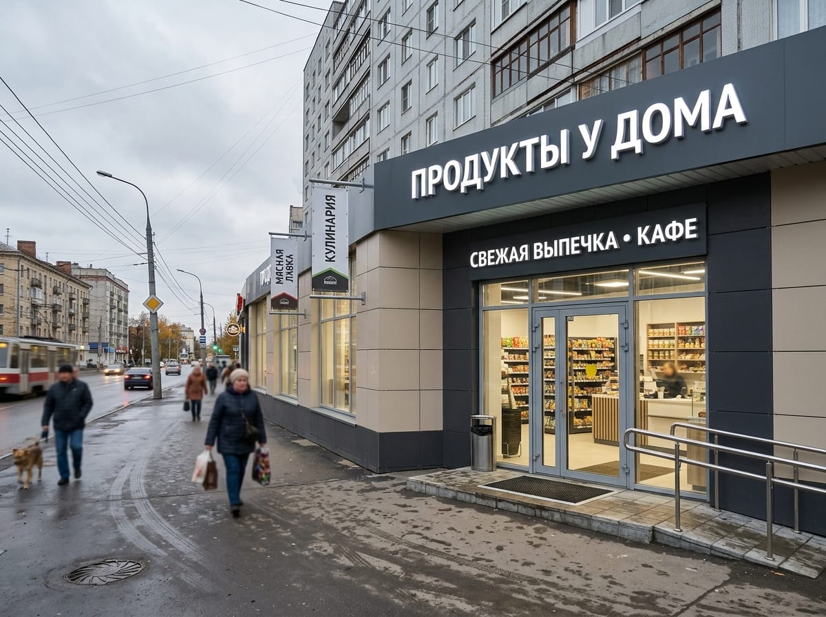 Фасад открывшегося магазина с флагами на кронштейнах и подсвеченной вывеской
