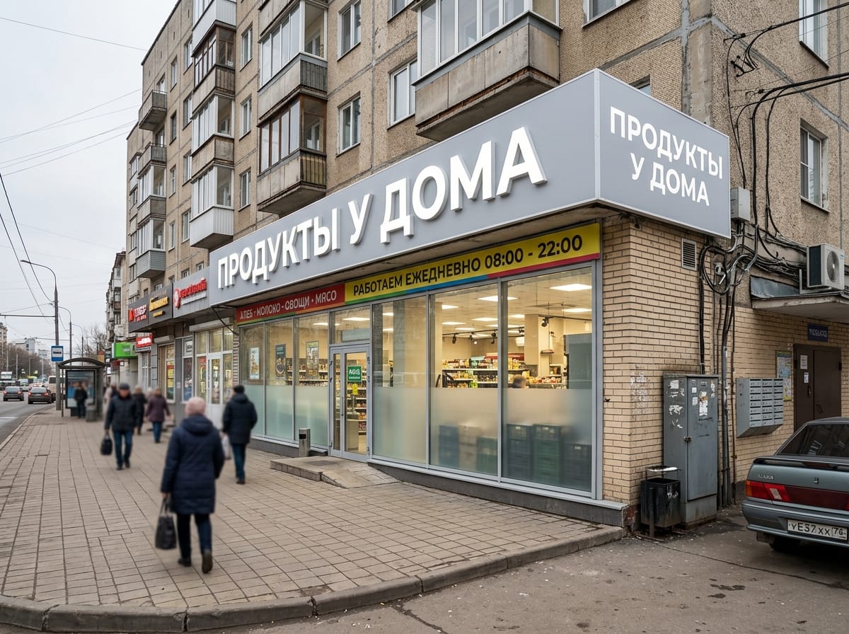 Фасад продуктового магазина со световым коробом и матовой плёнкой в нижней части витрины