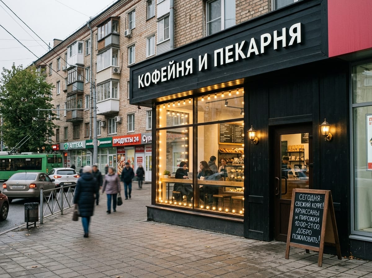 Фасад кофейни с деревянной подложкой, гирляндой по контуру витрины и меловой доской