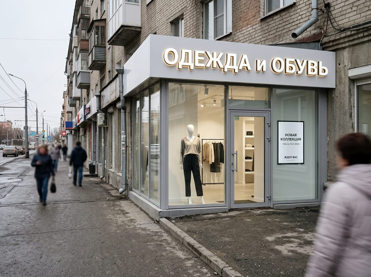 Витрина магазина одежды с одним манекеном и постером в клик-раме у входа