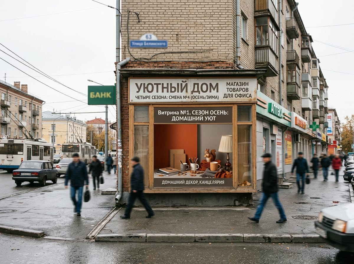 Аккуратная витрина магазина с чистым стеклом и обновлённым сезонным оформлением