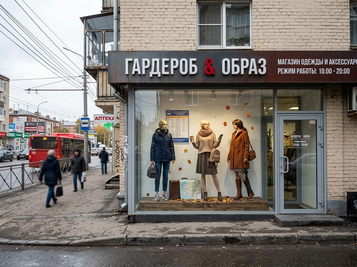 Витрина магазина одежды с манекенами и сюжетным реквизитом