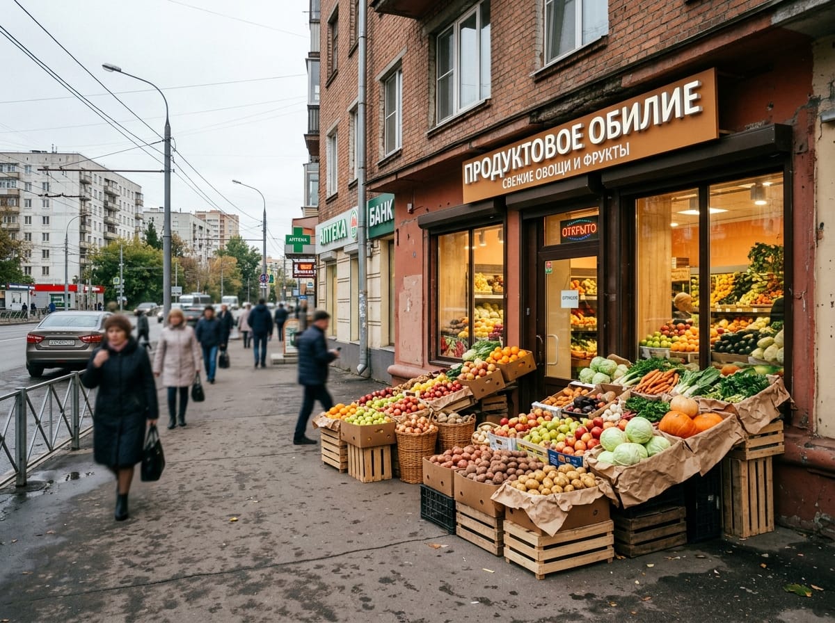 Витрина продуктового магазина с обильной раскладкой в деревянных ящиках
