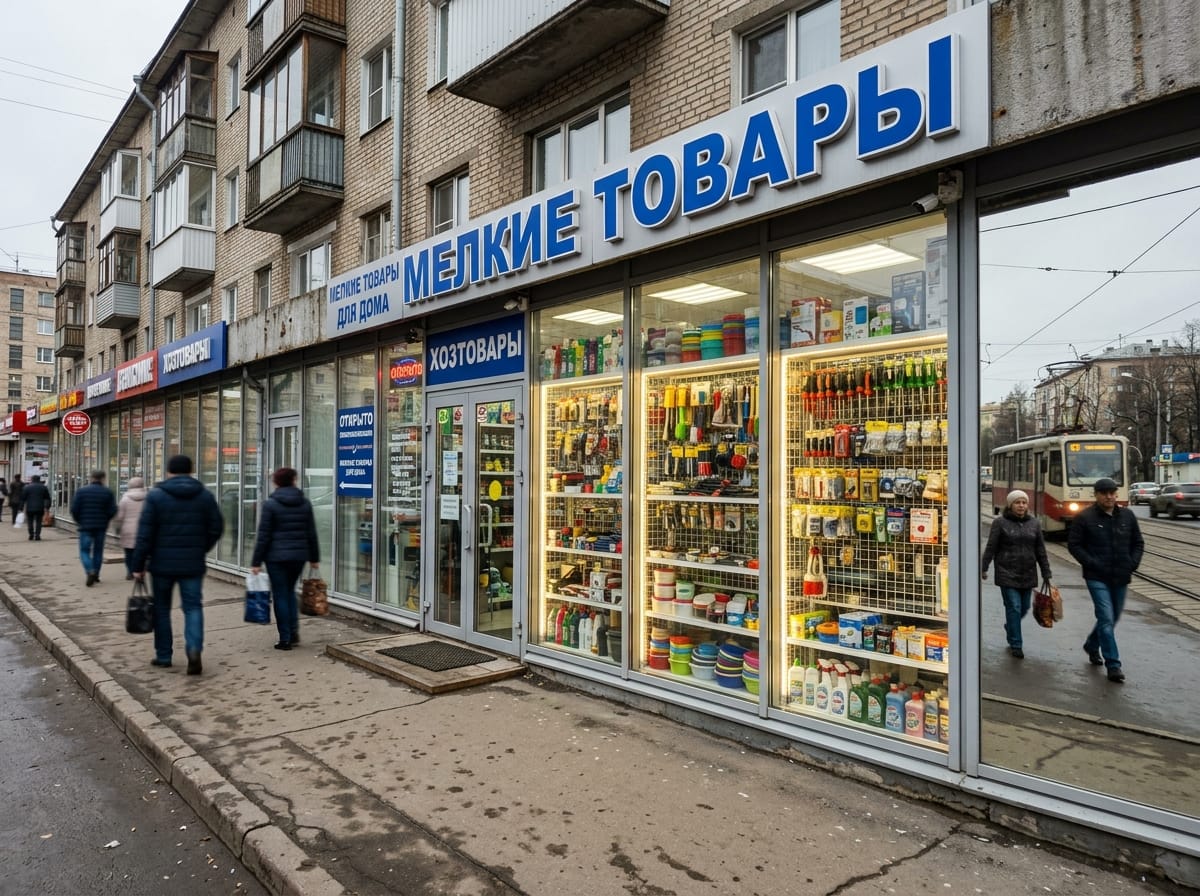 Витрина с мелким товаром на подсвеченных полках в геометрической сетке