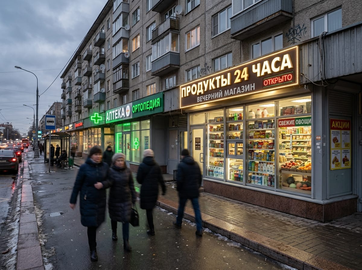 Витрина магазина вечером с акцентным светом на главном товаре и подсвеченным задником