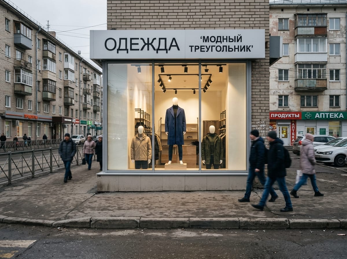Витрина одежды с тремя манекенами в треугольной композиции на тёмном фоне