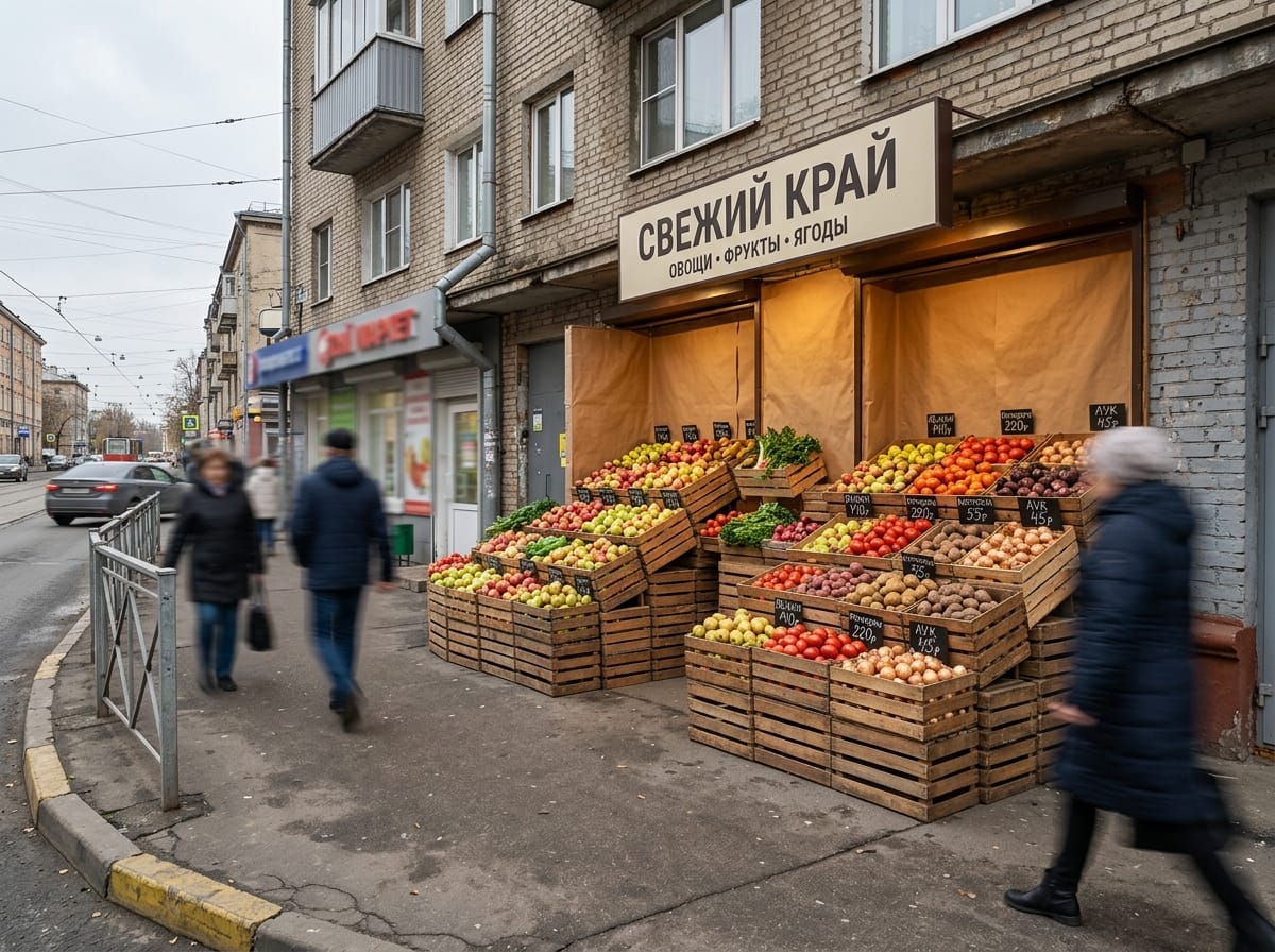 Витрина продуктового магазина с каскадом деревянных ящиков и тёплой подсветкой
