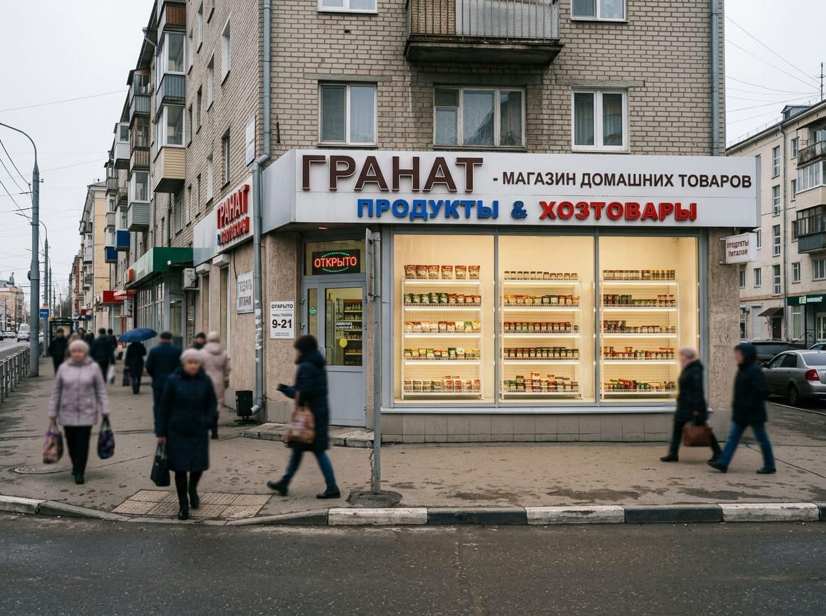 Витрина с товарами на подсвеченных полках, выстроенных геометрической сеткой