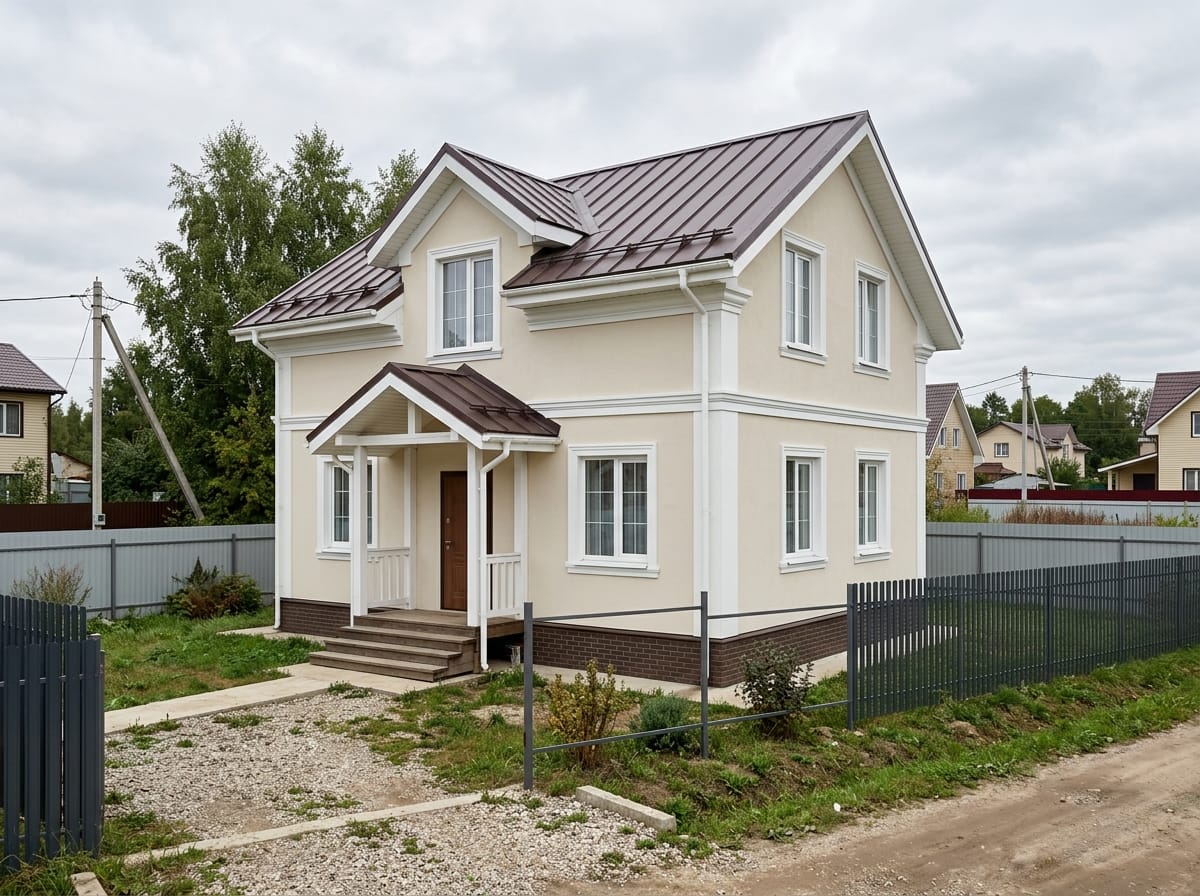 Фасад цвета слоновой кости с белыми наличниками и шоколадной кровлей